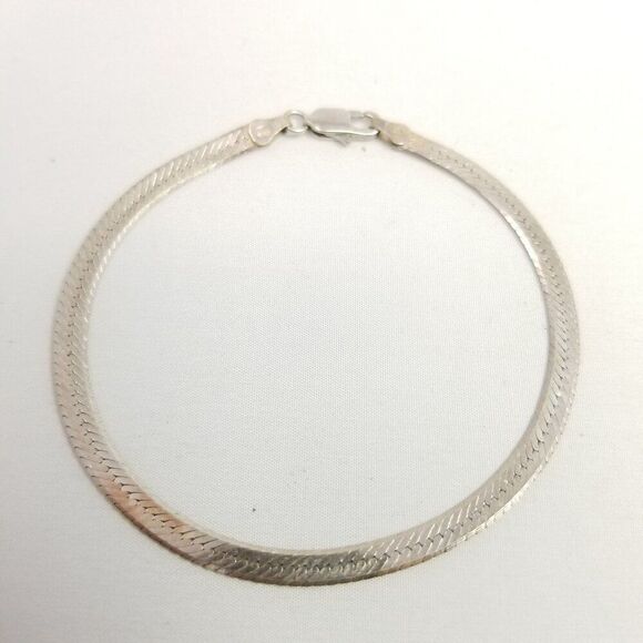 Vintage Sterling Silver Herringbone Flat Chain Bracelet, Made in Italy, Estate - Picture 2 of 8
